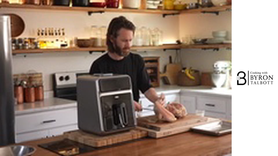 AirFried Curry Chicken, Warm Potato Salad, and English Pea Puree